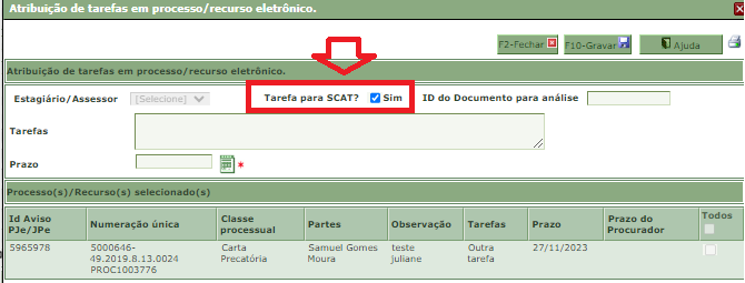 Melhoria no Tribunus que possibilita atribuição de tarefas diretamente à SCAT